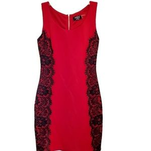 Guess Sleeveless Red Slip Black Lace Dress